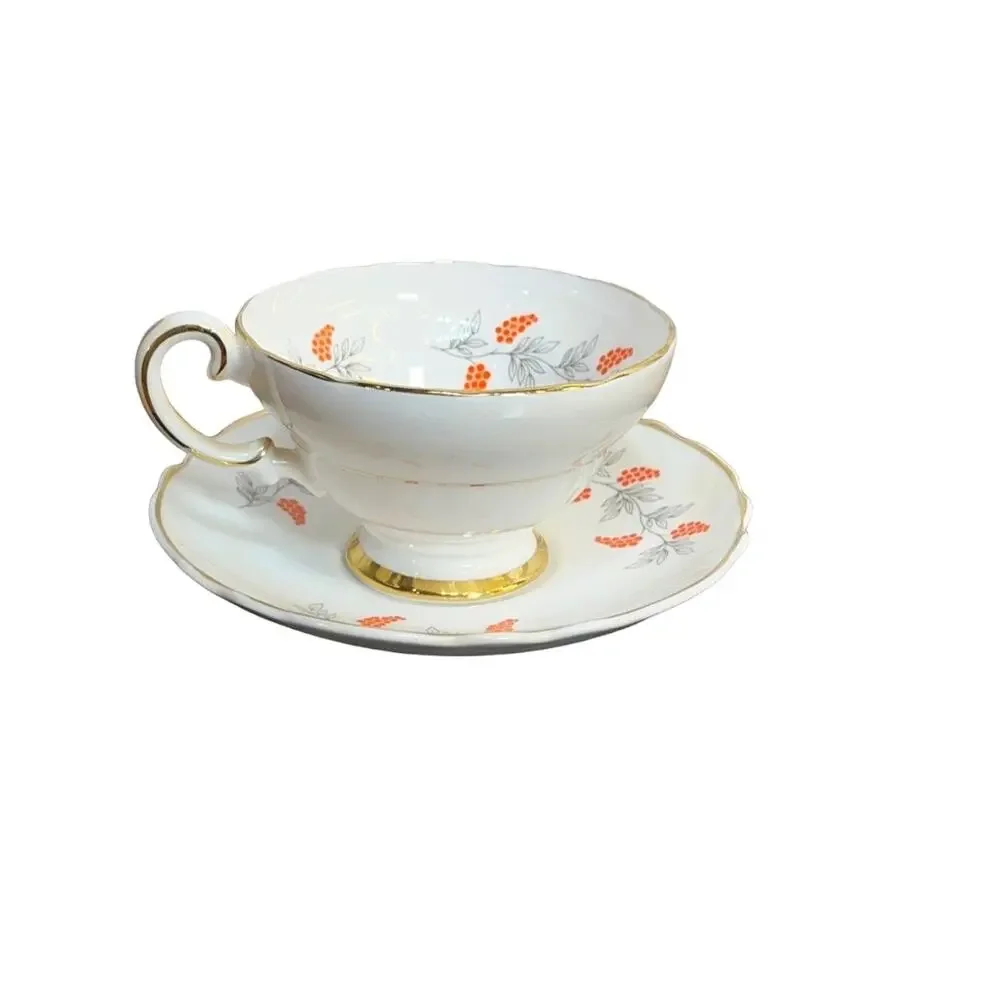 Vintage Staffordshire Bone China Cup and Saucer Orange Berries/Grapes Gold Rim